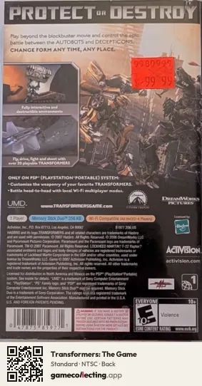 Transformers: The Game PlayStation Portable, NTSC box back