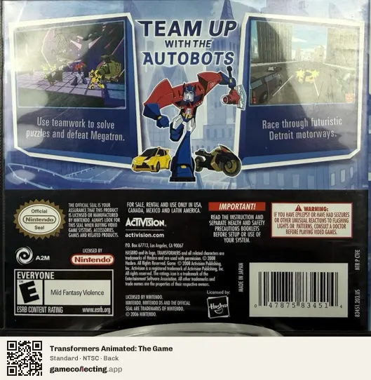 Transformers Animated: The Game Nintendo DS, NTSC box back