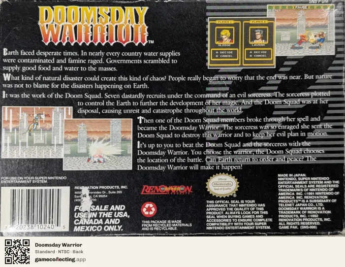 Doomsday Warrior Super Nintendo Entertainment System, NTSC box back