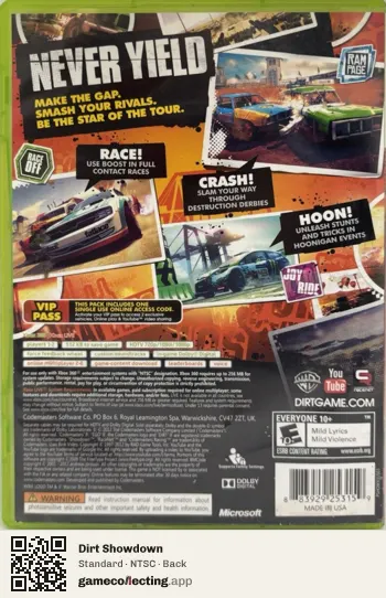 Dirt Showdown Xbox 360, NTSC box back