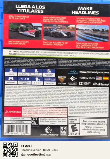 F1 2018 PlayStation 4, NTSC box back