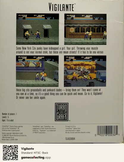 Vigilante TurboGrafx-16, NTSC box back