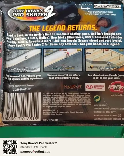 Tony Hawk's Pro Skater 2 Game Boy Advance, PAL box back