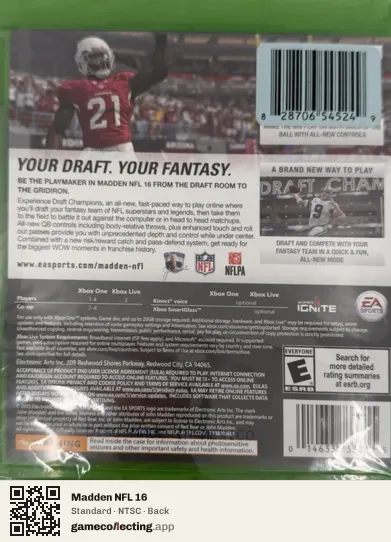 Madden NFL 16 Xbox One, NTSC box back