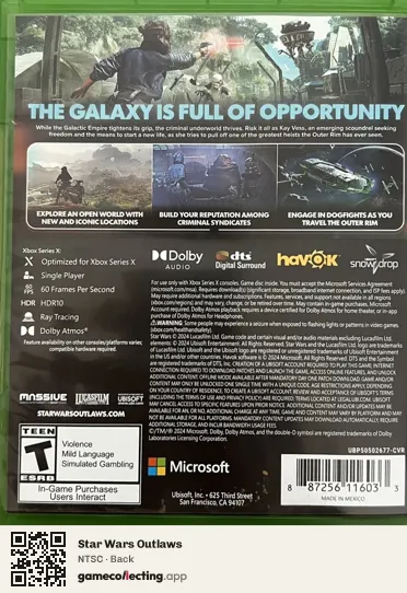 Star Wars Outlaws Xbox Series X, NTSC box back