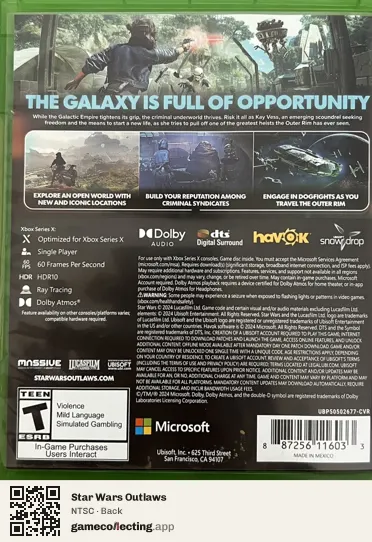Star Wars Outlaws Xbox Series X, NTSC box back