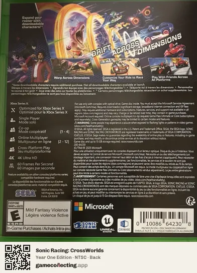 Sonic Racing: CrossWorlds Xbox Series X, NTSC box back