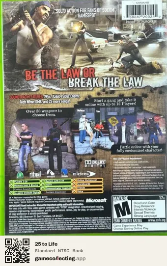 25 to Life Xbox, NTSC box back