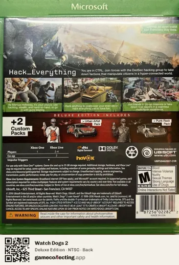 Watch Dogs 2 Xbox One, NTSC box back