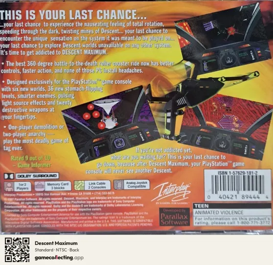 Descent Maximum PlayStation, NTSC box back