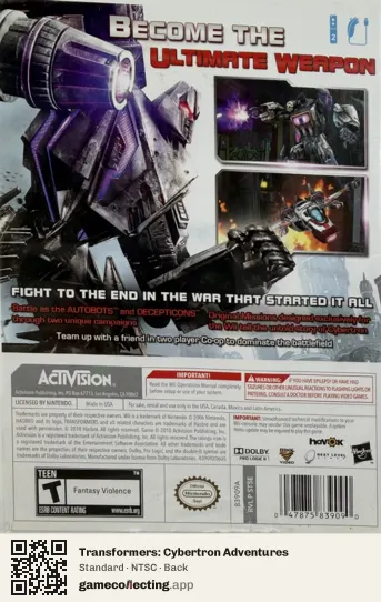 Transformers: Cybertron Adventures Nintendo Wii, NTSC box back