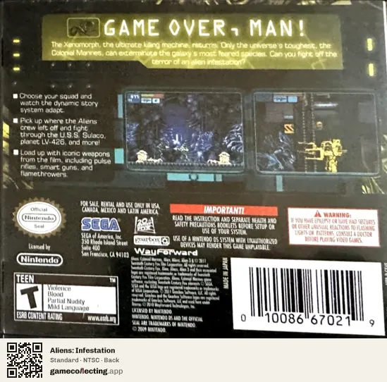 Aliens: Infestation Nintendo DS, NTSC box back