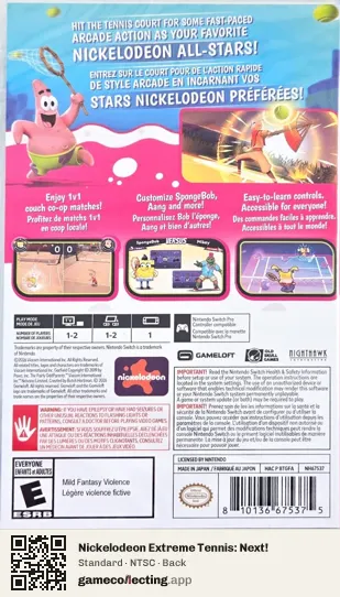 Nickelodeon Extreme Tennis: Next! Nintendo Switch, NTSC box back