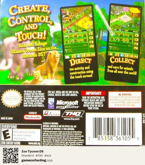 Zoo Tycoon DS Nintendo DS, NTSC box back