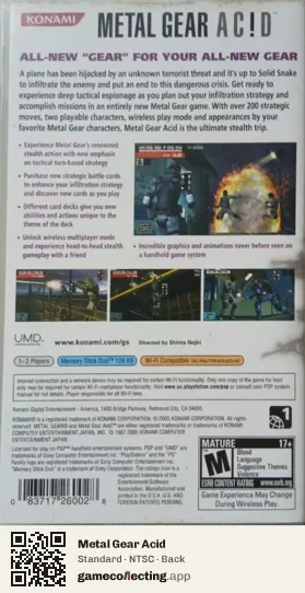 Metal Gear Acid PlayStation Portable, NTSC box back