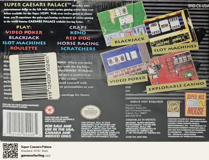 Super Caesars Palace Super Nintendo Entertainment System, NTSC box back