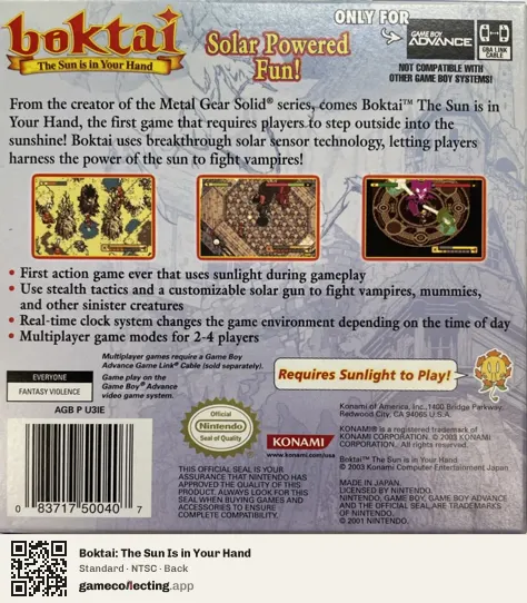 Boktai: The Sun Is in Your Hand Game Boy Advance, NTSC box back