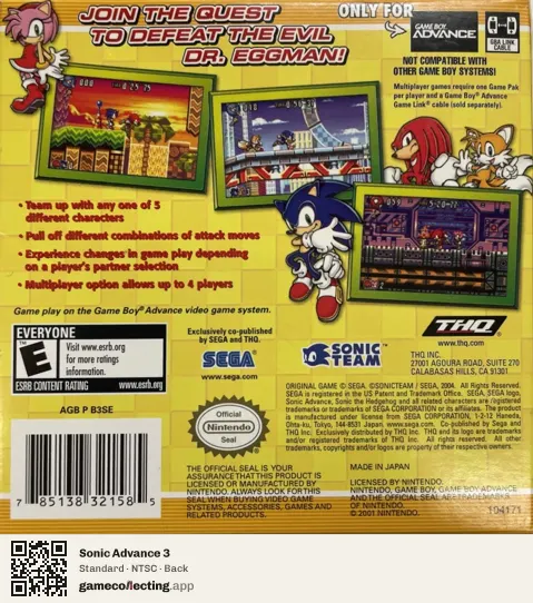 Sonic Advance 3 Game Boy Advance, NTSC box back