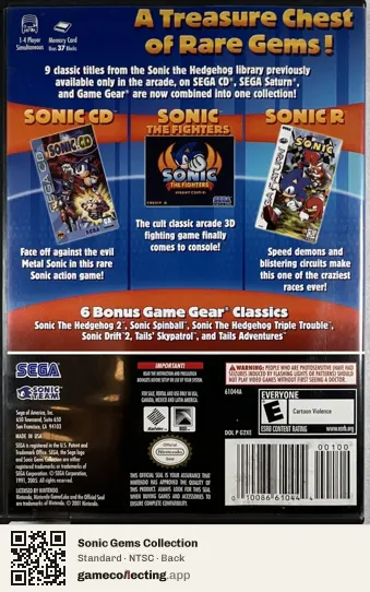 Sonic Gems Collection Nintendo GameCube, NTSC box back