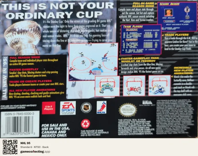 NHL 95 Super Nintendo Entertainment System, NTSC box back