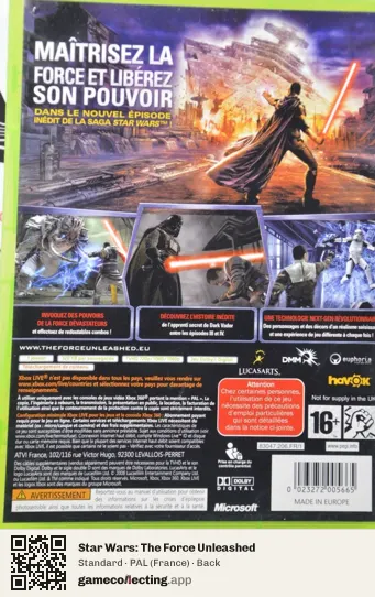 Star Wars: The Force Unleashed Xbox 360, France box back