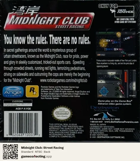 Midnight Club: Street Racing Game Boy Advance, NTSC box back