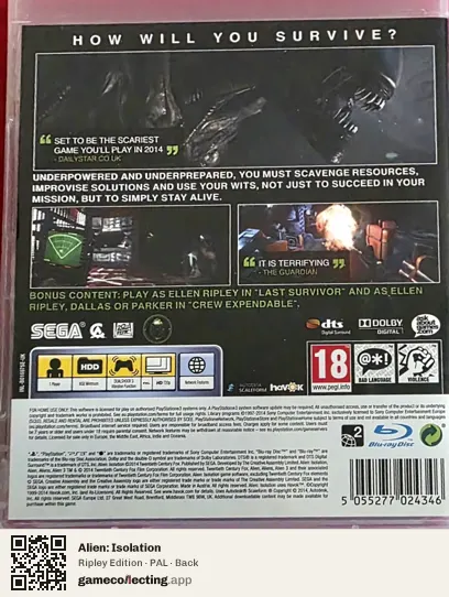 Alien: Isolation PlayStation 3, PAL box back