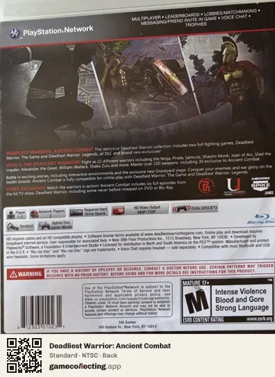 Deadliest Warrior: Ancient Combat PlayStation 3, NTSC box back