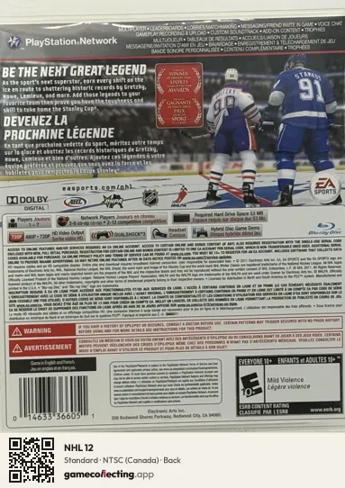 NHL 12 PlayStation 3, Canada box back