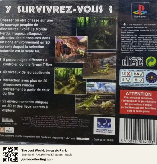 The Lost World: Jurassic Park PlayStation, United Kingdom box back