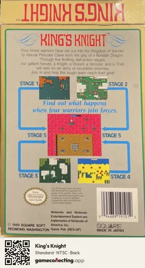 King's Knight Nintendo Entertainment System, NTSC box back