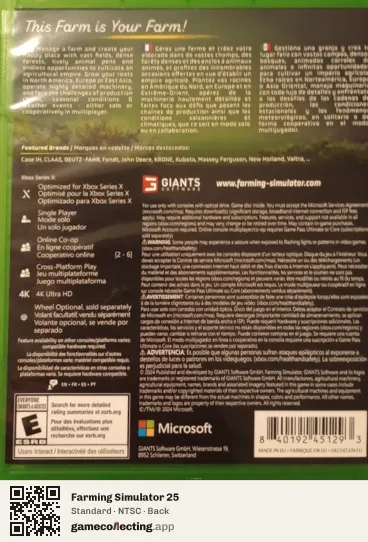 Farming Simulator 25 Xbox Series X, NTSC box back