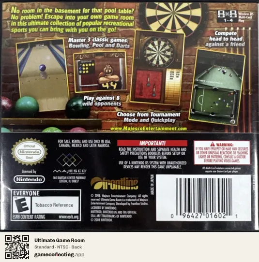 Ultimate Game Room Nintendo DS, NTSC box back