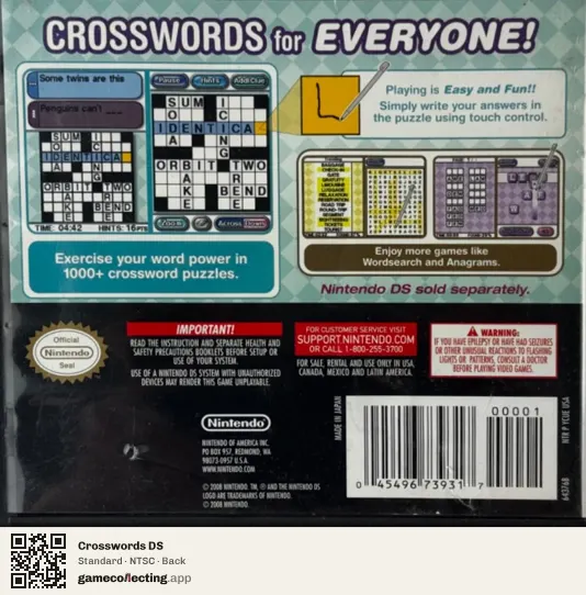 Crosswords DS Nintendo DS, NTSC box back