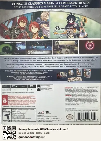Prinny Presents NIS Classics Volume 1 Nintendo Switch, NTSC box back