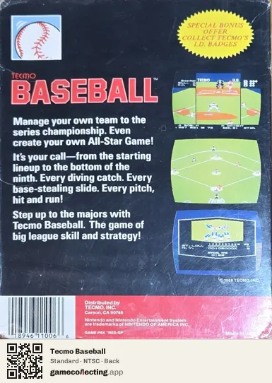 Tecmo Baseball Nintendo Entertainment System, NTSC box back