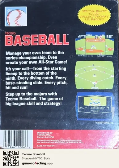 Tecmo Baseball Nintendo Entertainment System, NTSC box back