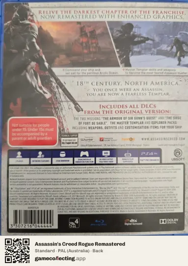 Assassin's Creed Rogue Remastered PlayStation 4, Australia box back