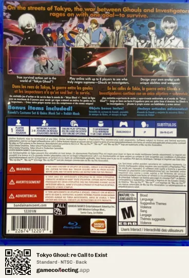 Tokyo Ghoul: re Call to Exist PlayStation 4, NTSC box back