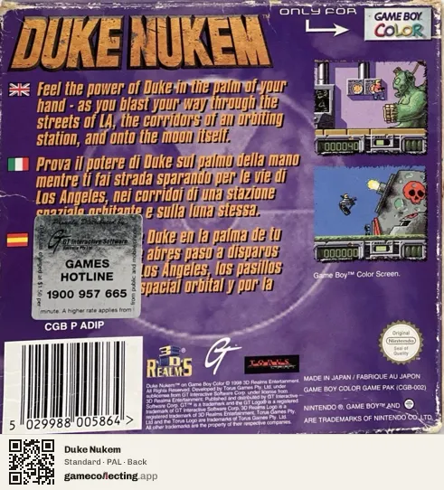Duke Nukem Game Boy Color, PAL box back
