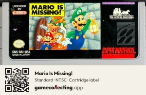 Mario Is Missing! Super Nintendo Entertainment System, NTSC cartridge label