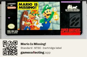Mario Is Missing! Super Nintendo Entertainment System, NTSC cartridge label