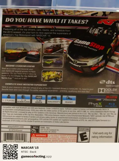 NASCAR '15 PlayStation 3, NTSC box back