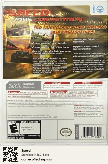 Speed Nintendo Wii, NTSC box back