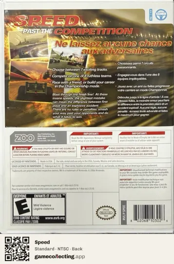 Speed Nintendo Wii, NTSC box back