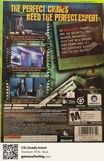 CSI: Deadly Intent Xbox 360, NTSC box back