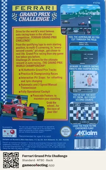 Ferrari Grand Prix Challenge Nintendo Entertainment System, NTSC box back