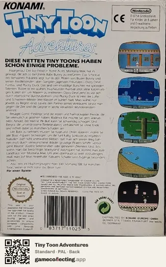 Tiny Toon Adventures Nintendo Entertainment System, PAL box back