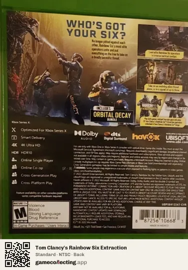 Tom Clancy's Rainbow Six Extraction Xbox Series X, NTSC box back