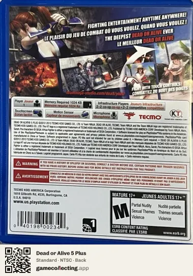 Dead or Alive 5 Plus PlayStation Vita, NTSC box back